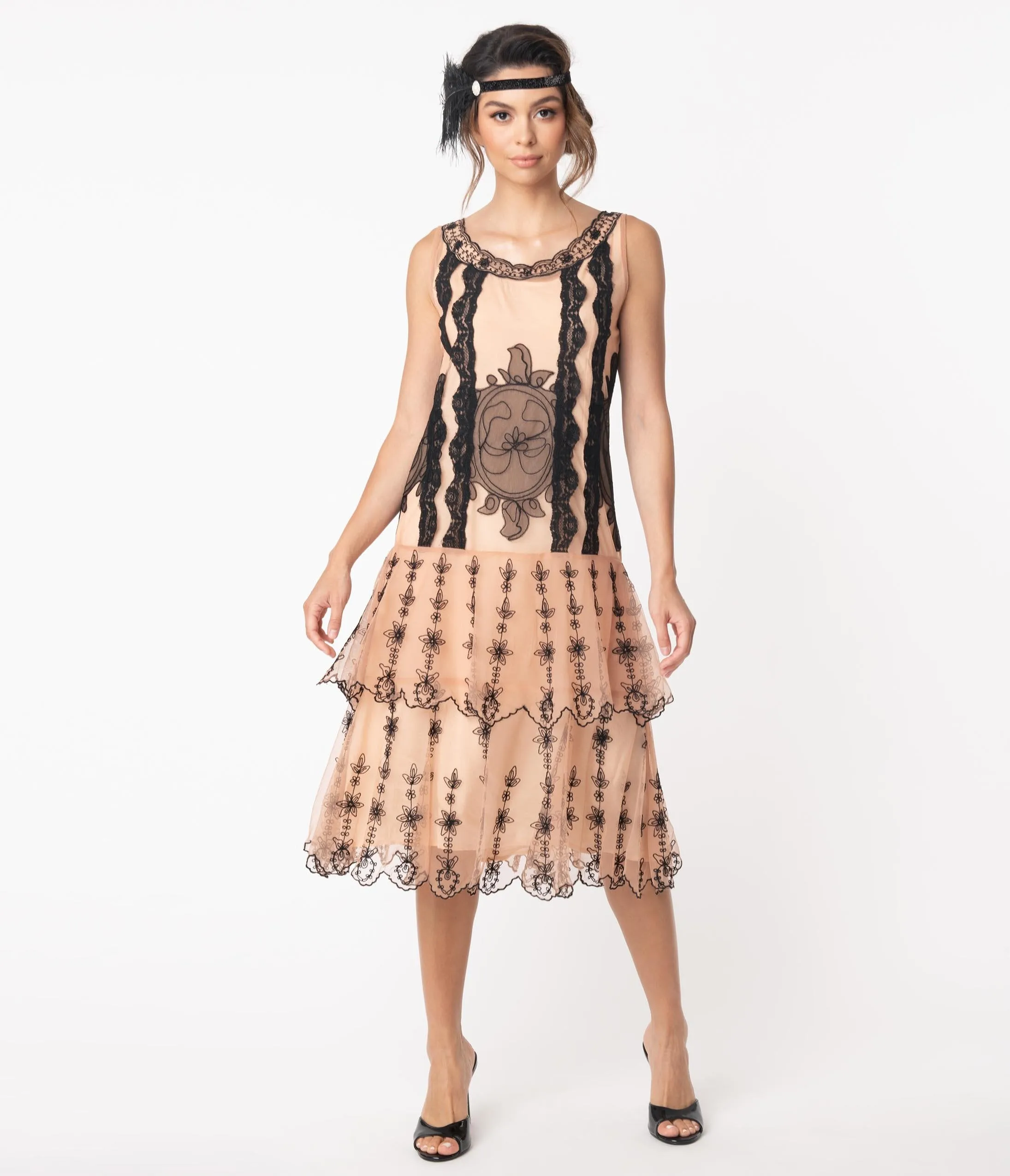 1920s Style Peach & Black Embroidery Eva Flapper Dress