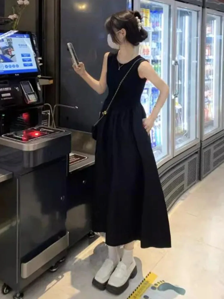 A-line Dresses Women Solid Summer Advanced Simple Streetwear French Style Sleeveless Daily All-match Minimalist Languid Trendy