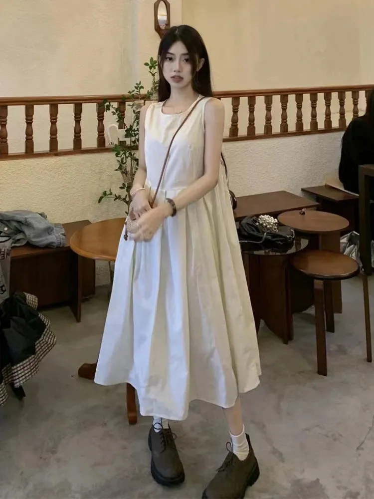 A-line Dresses Women Solid Summer Advanced Simple Streetwear French Style Sleeveless Daily All-match Minimalist Languid Trendy