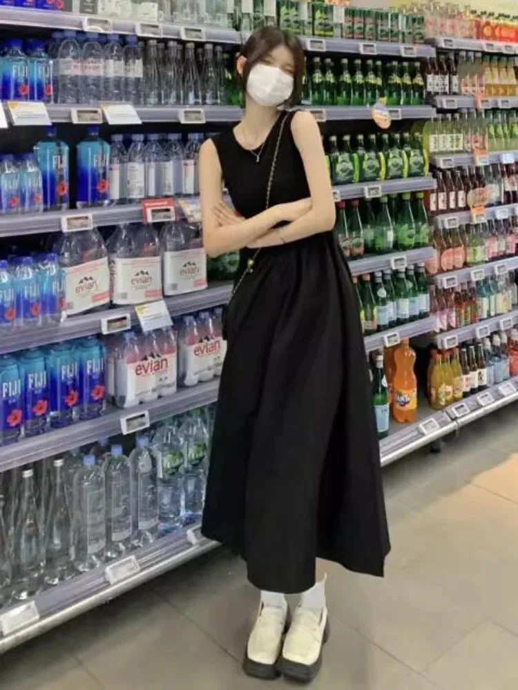 A-line Dresses Women Solid Summer Advanced Simple Streetwear French Style Sleeveless Daily All-match Minimalist Languid Trendy