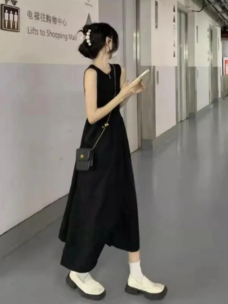 A-line Dresses Women Solid Summer Advanced Simple Streetwear French Style Sleeveless Daily All-match Minimalist Languid Trendy