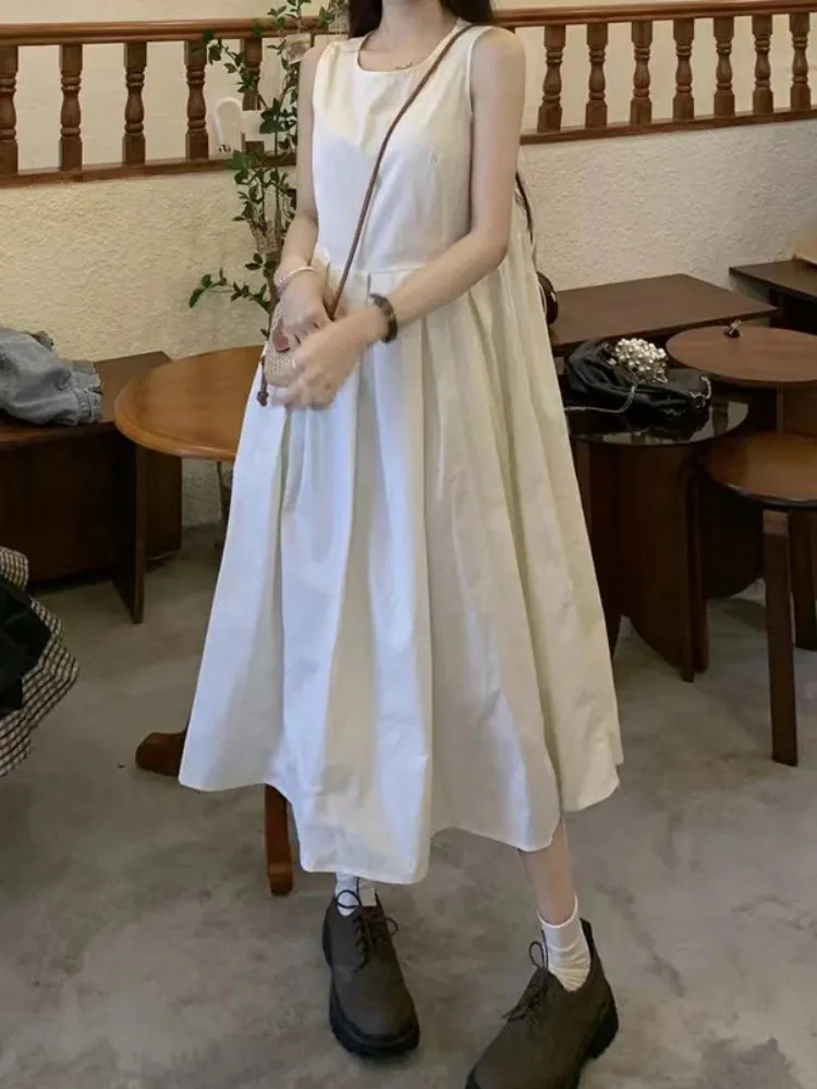 A-line Dresses Women Solid Summer Advanced Simple Streetwear French Style Sleeveless Daily All-match Minimalist Languid Trendy