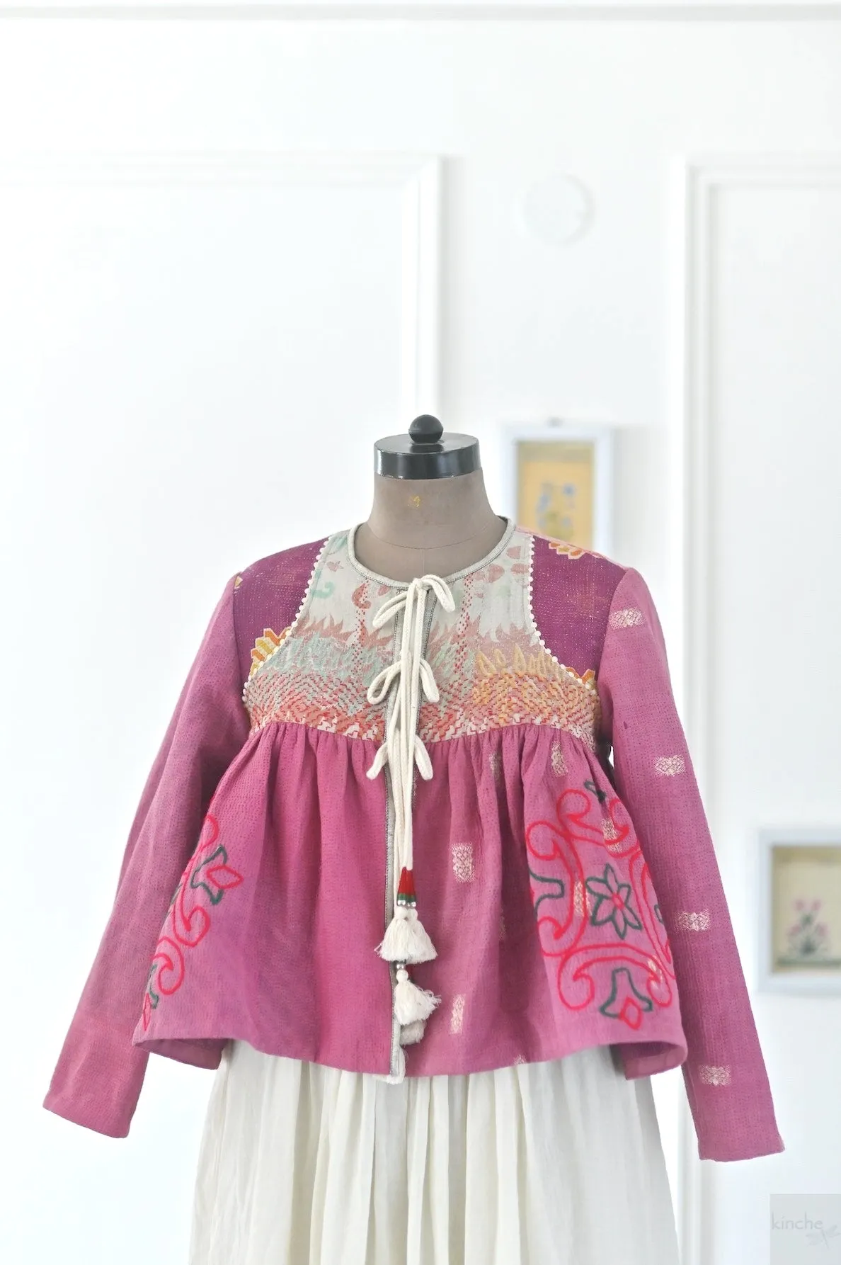 Amsterdam, Large Size, Vintage Kantha, Flared Boho Jacket with Front Ties & Tassels