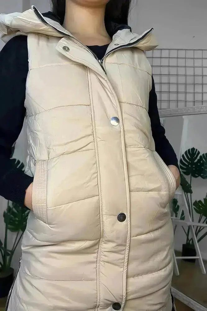 Attached Hood Popper Buttons Front Sleeveless Midi Gilet