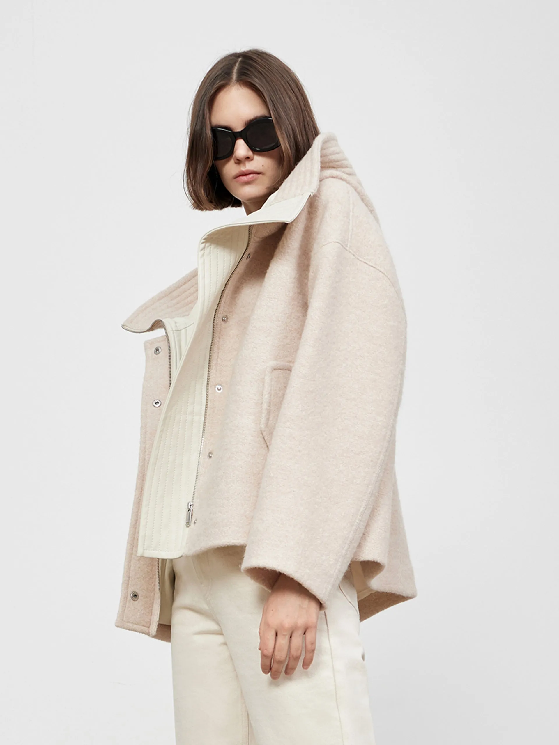 Contrast Hooded Cropped Wool Jacket