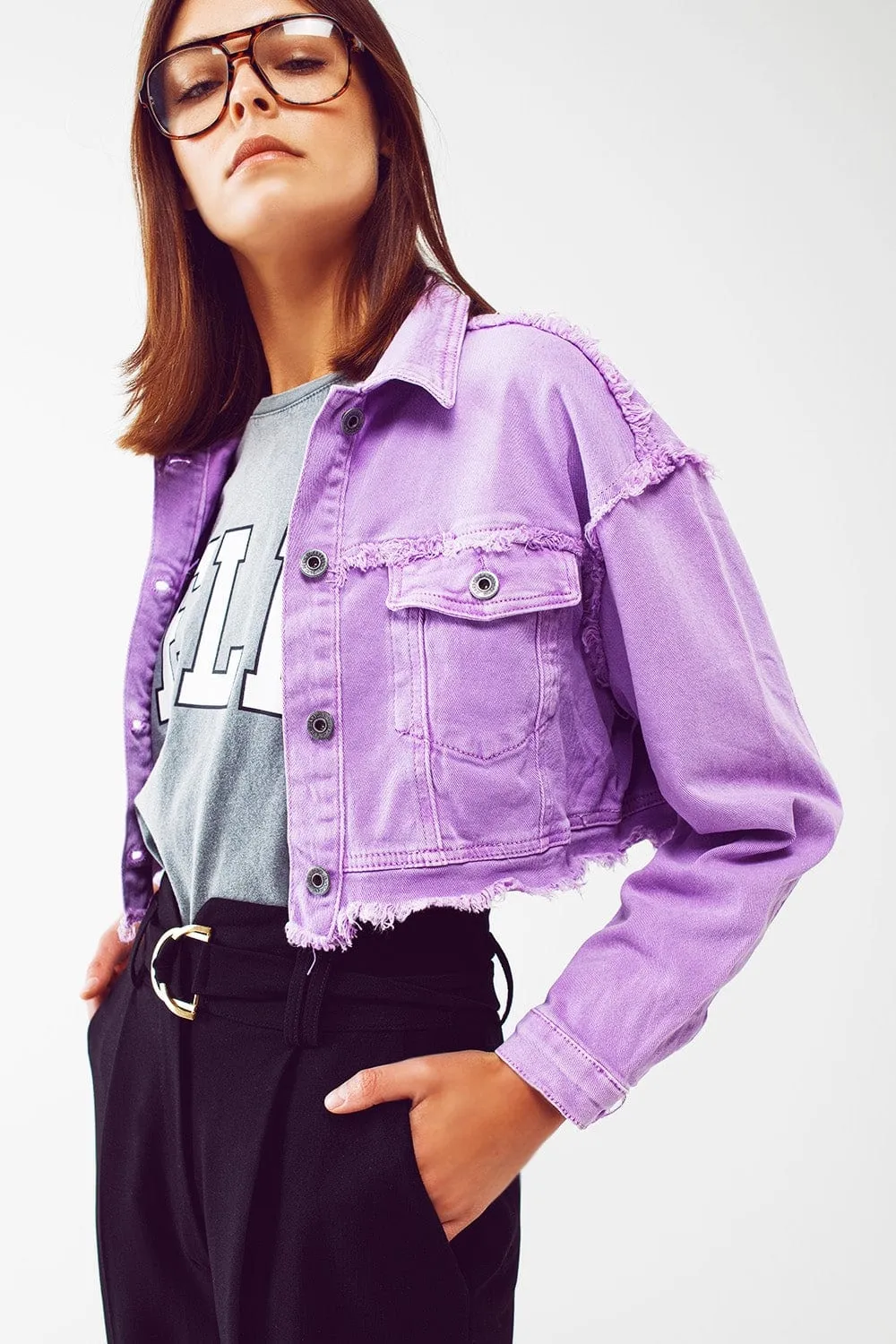 Cropped Denim Trucker Jacket In Purple
