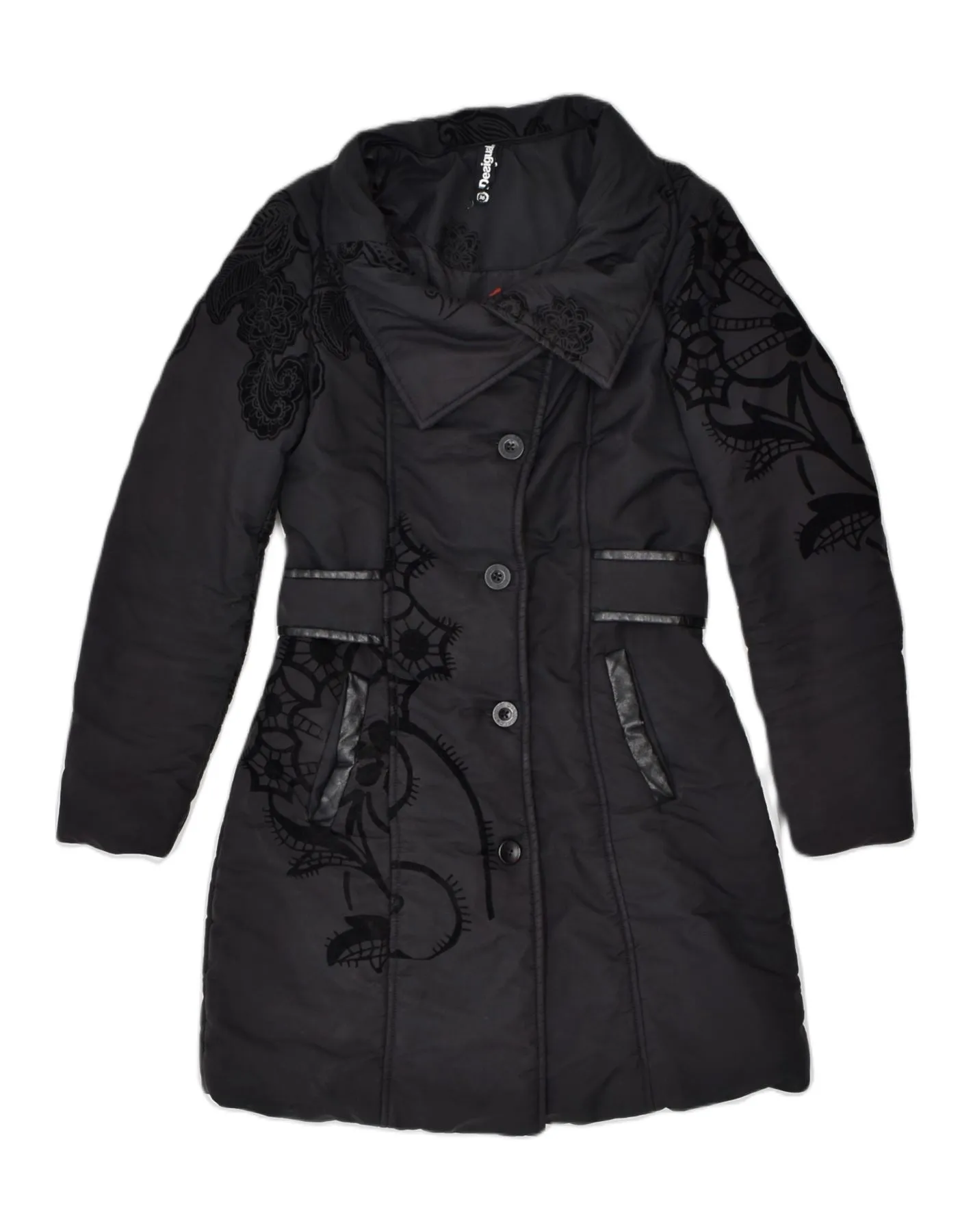 DESIGUAL Womens Overcoat EU 36 Small Black Floral