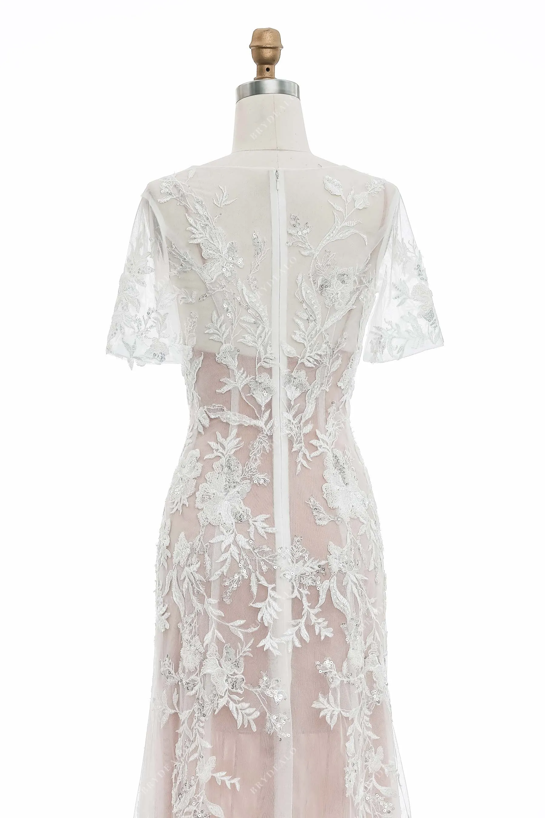 Dusty Rose Short Sleeves Beaded Lace Sheath Destination Bridal Gown