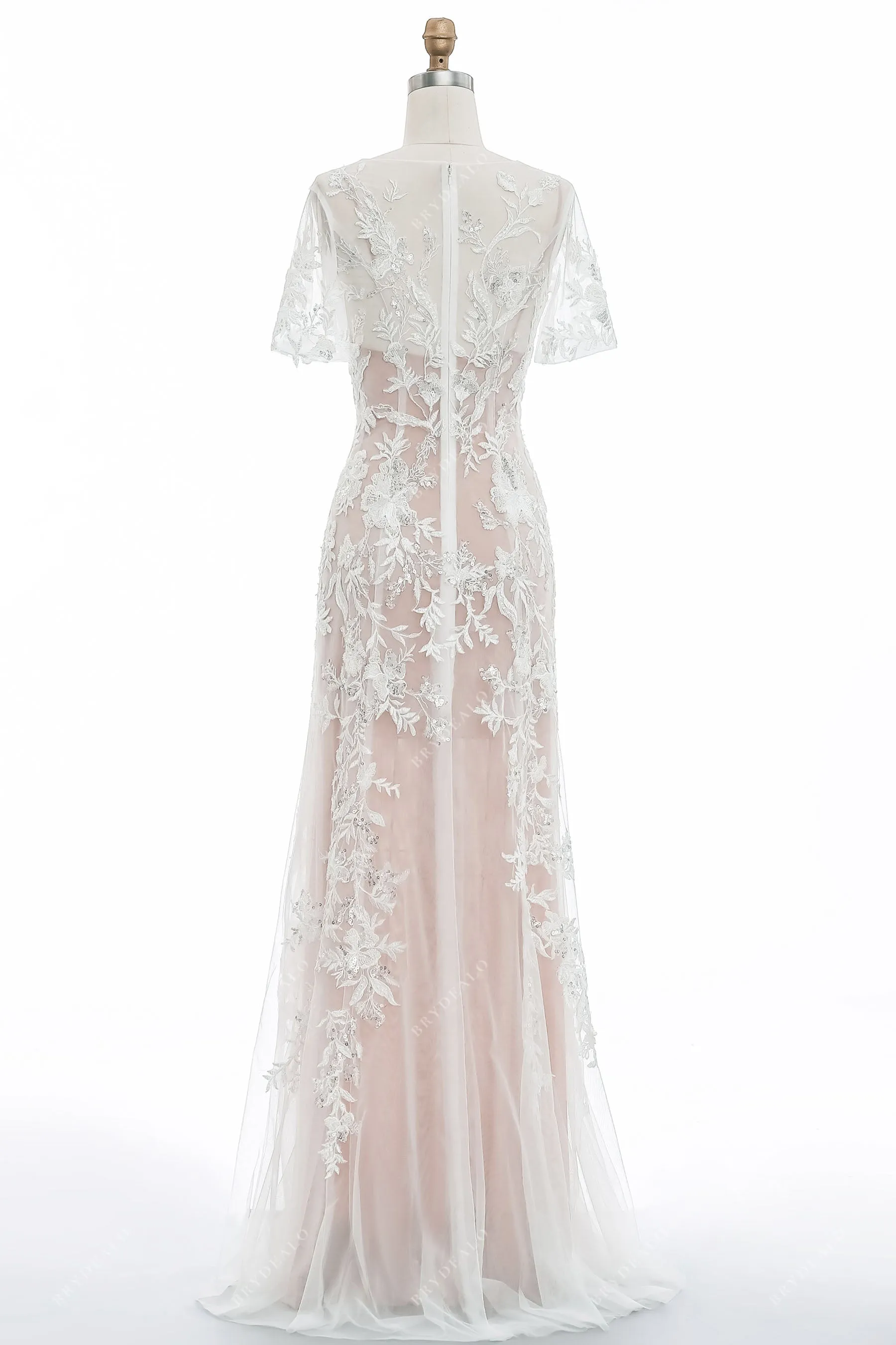 Dusty Rose Short Sleeves Beaded Lace Sheath Destination Bridal Gown