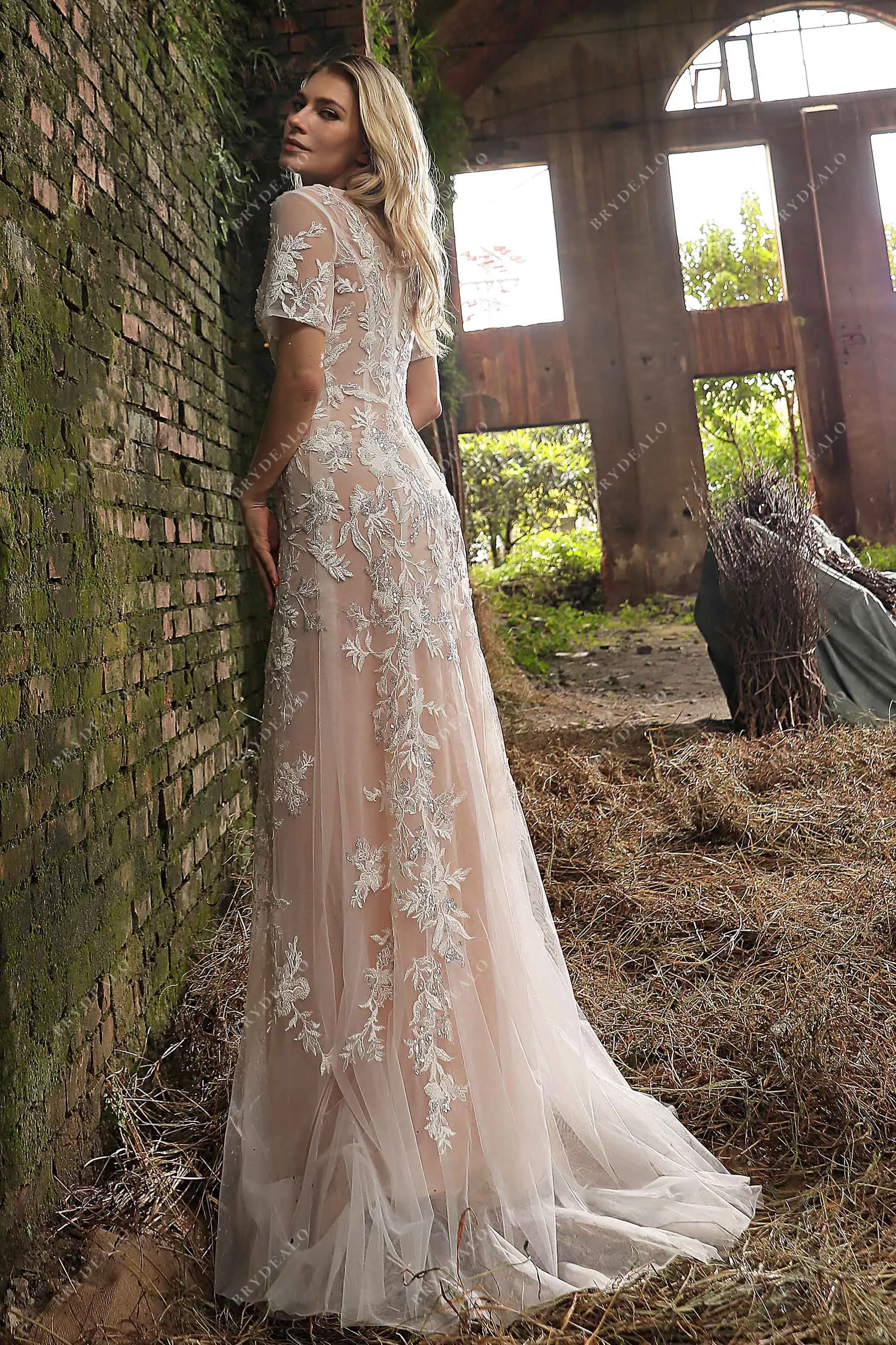 Dusty Rose Short Sleeves Beaded Lace Sheath Destination Bridal Gown