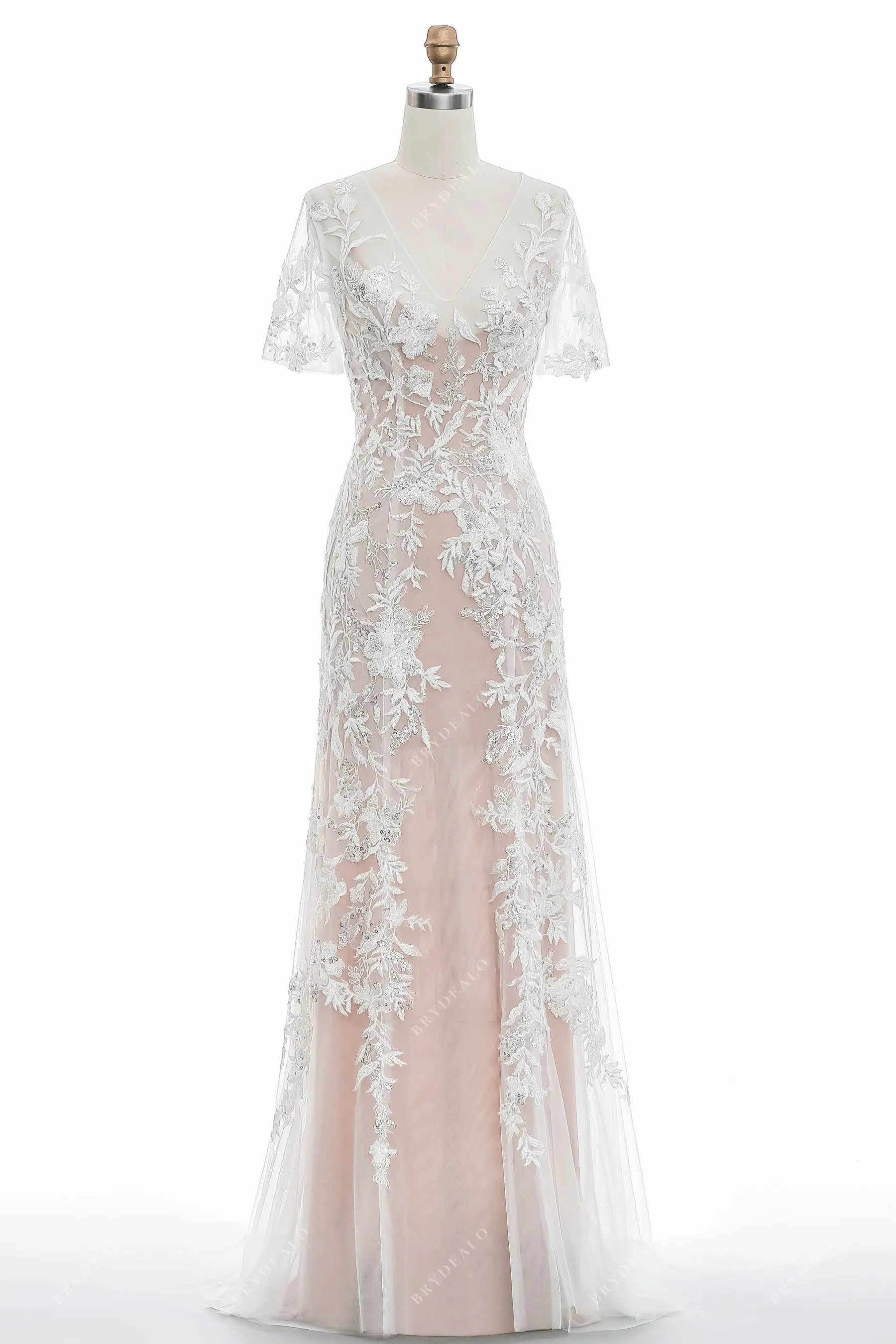 Dusty Rose Short Sleeves Beaded Lace Sheath Destination Bridal Gown
