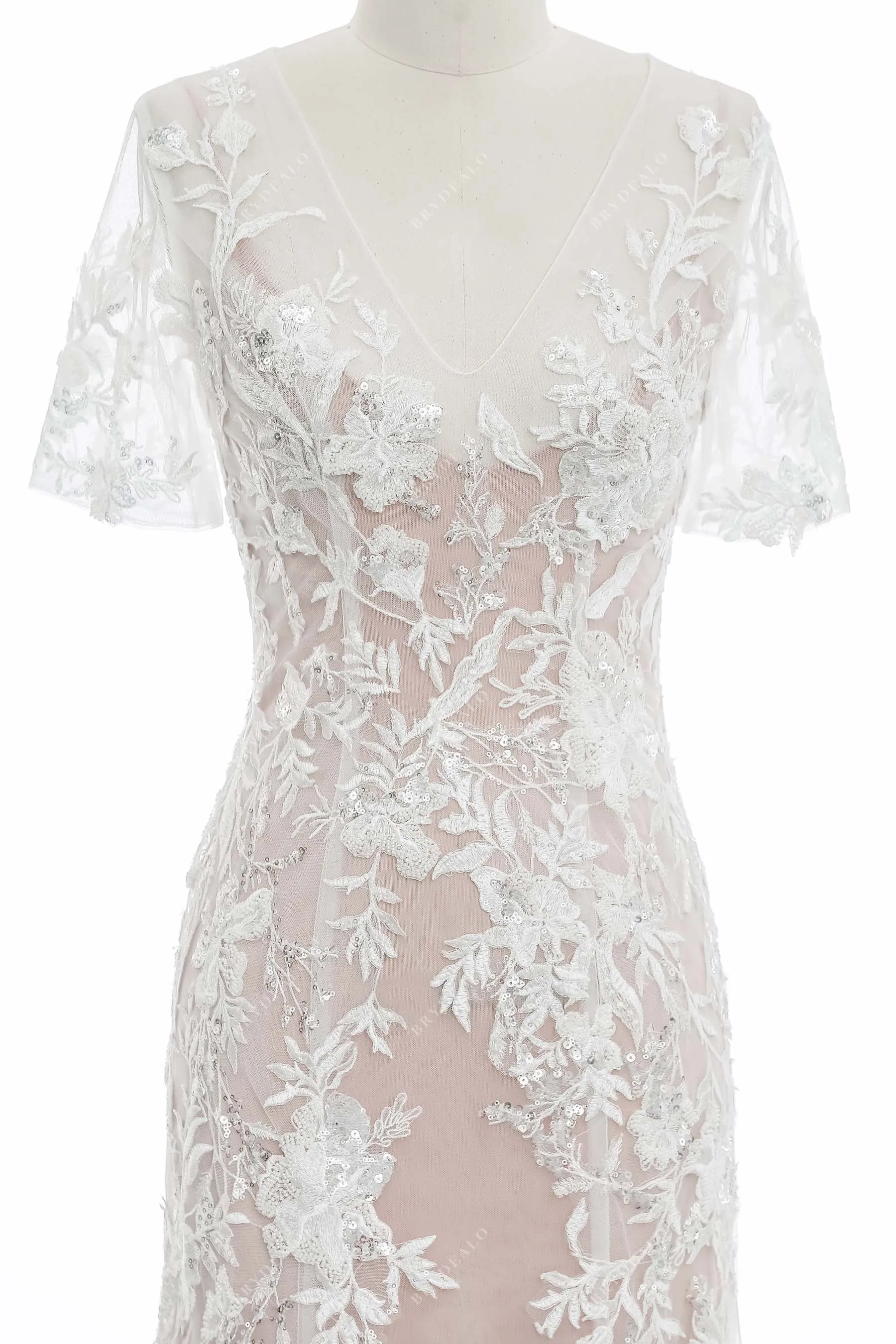 Dusty Rose Short Sleeves Beaded Lace Sheath Destination Bridal Gown