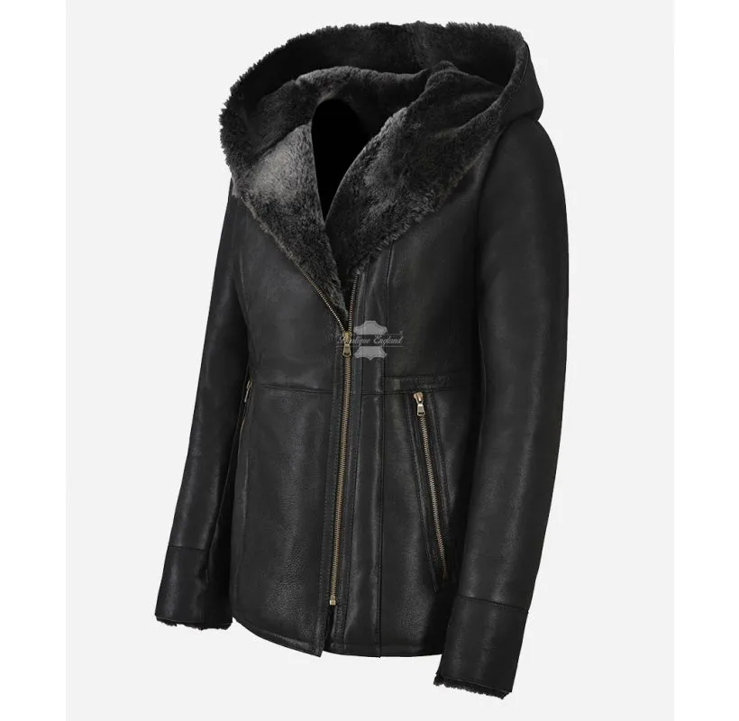 HAZEL SHEEPSKIN HOODED COAT LADIES Black B3 SHEARLING FUR LONG JACKET