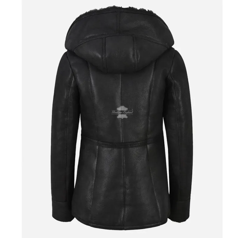 HAZEL SHEEPSKIN HOODED COAT LADIES Black B3 SHEARLING FUR LONG JACKET