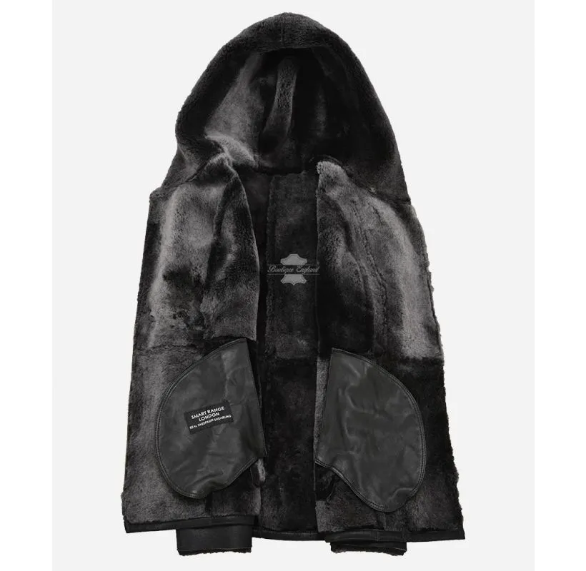 HAZEL SHEEPSKIN HOODED COAT LADIES Black B3 SHEARLING FUR LONG JACKET