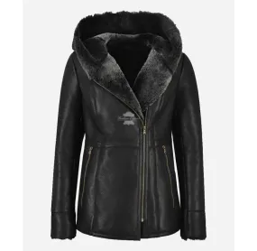 HAZEL SHEEPSKIN HOODED COAT LADIES Black B3 SHEARLING FUR LONG JACKET