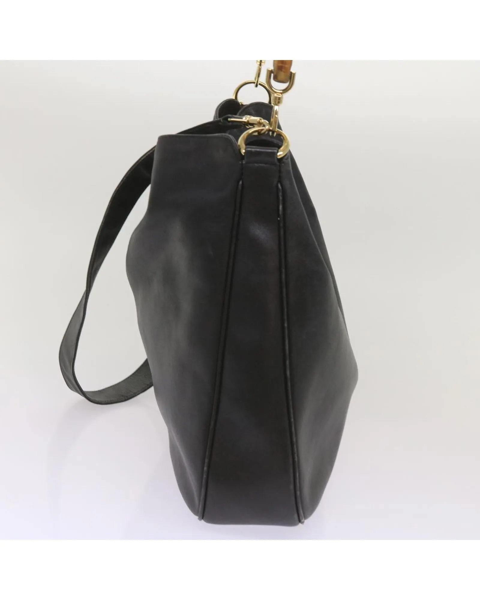 Leather Bamboo Shoulder Bag 2way in Black