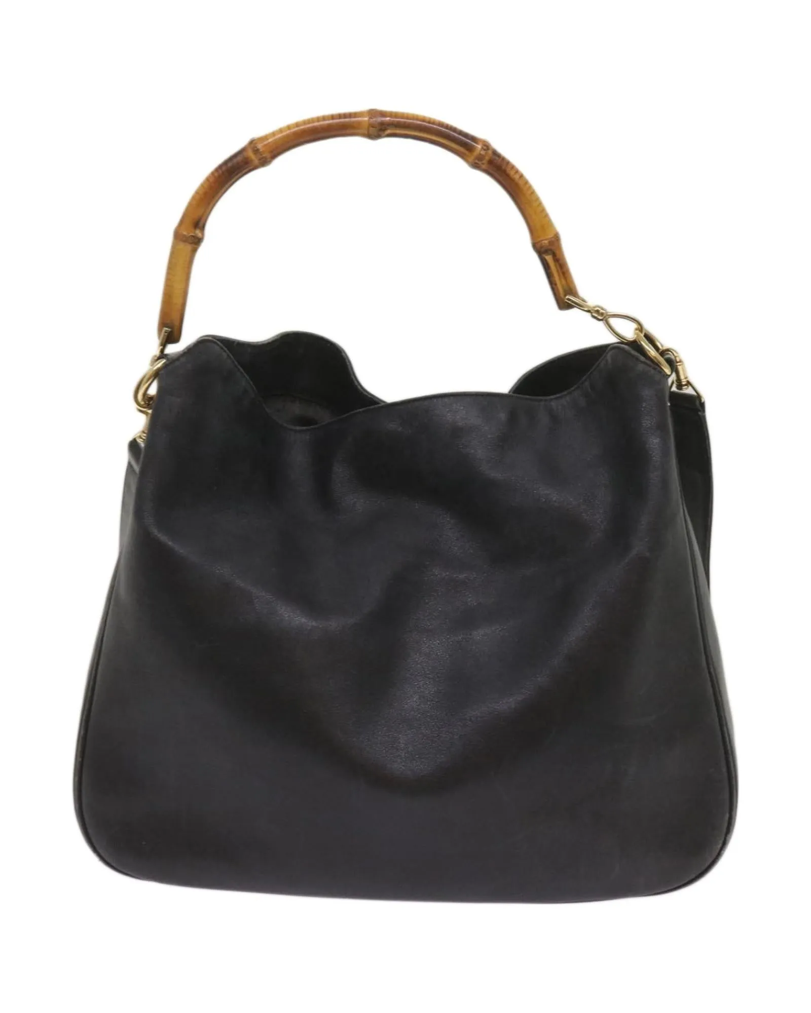 Leather Bamboo Shoulder Bag 2way in Black