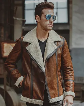 Men’s Aviator Distress Brown Faux Shearling Bomber Style Jacket by TJS
