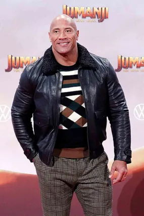Men's Designer Leather Jacket with Faux Shearling Collar Worn by Dwayne Johnson | Dwayne Johnson Leather Jacket with Faux Shearling Collar