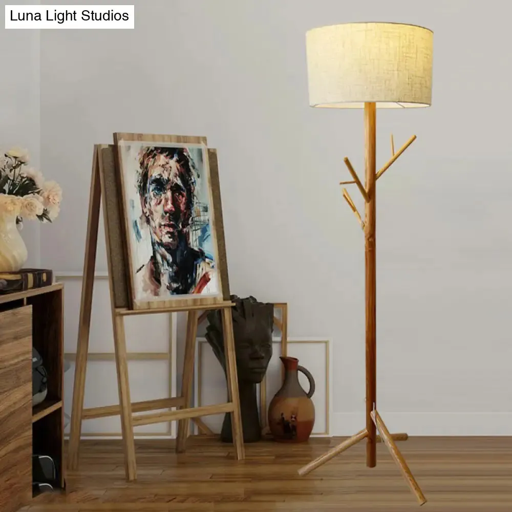 Minimalist Flaxen Drum Stand Up Lamp - Wooden Tripod, 1-Light Fabric Floor Light with Coat Rack