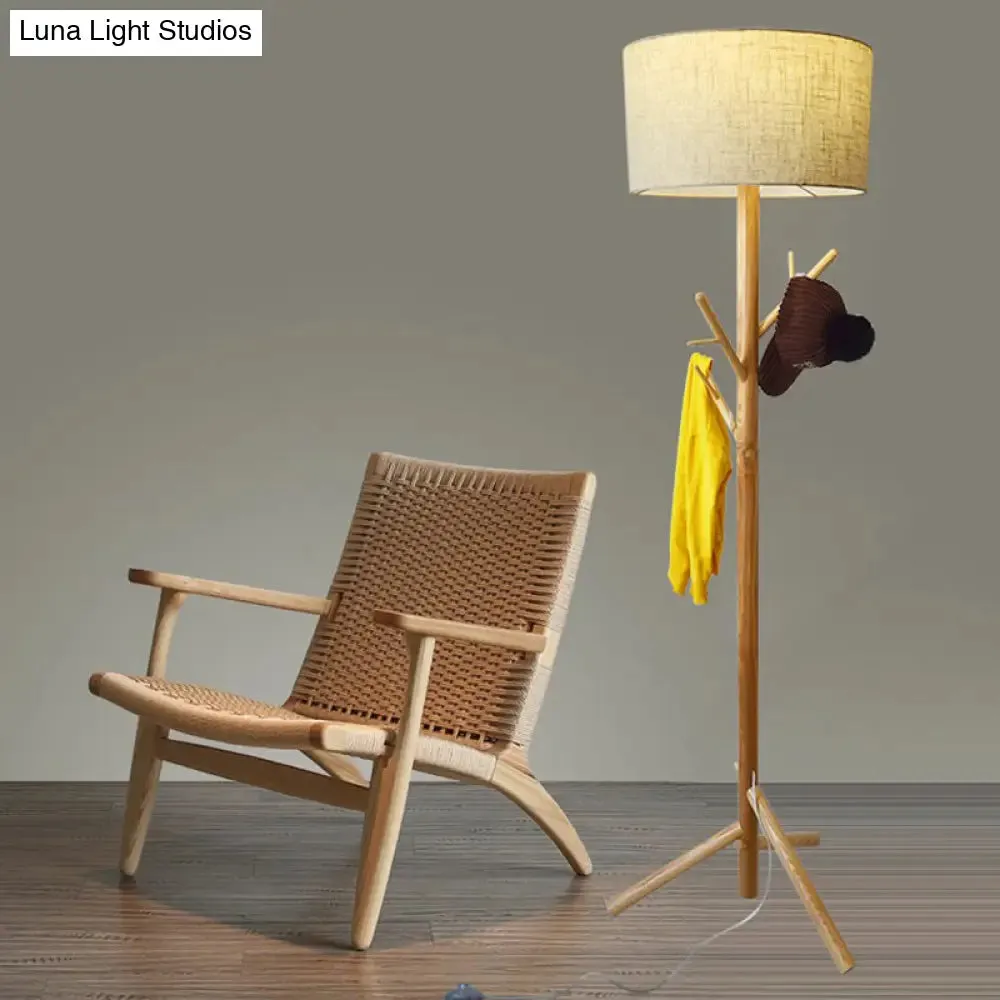 Minimalist Flaxen Drum Stand Up Lamp - Wooden Tripod, 1-Light Fabric Floor Light with Coat Rack