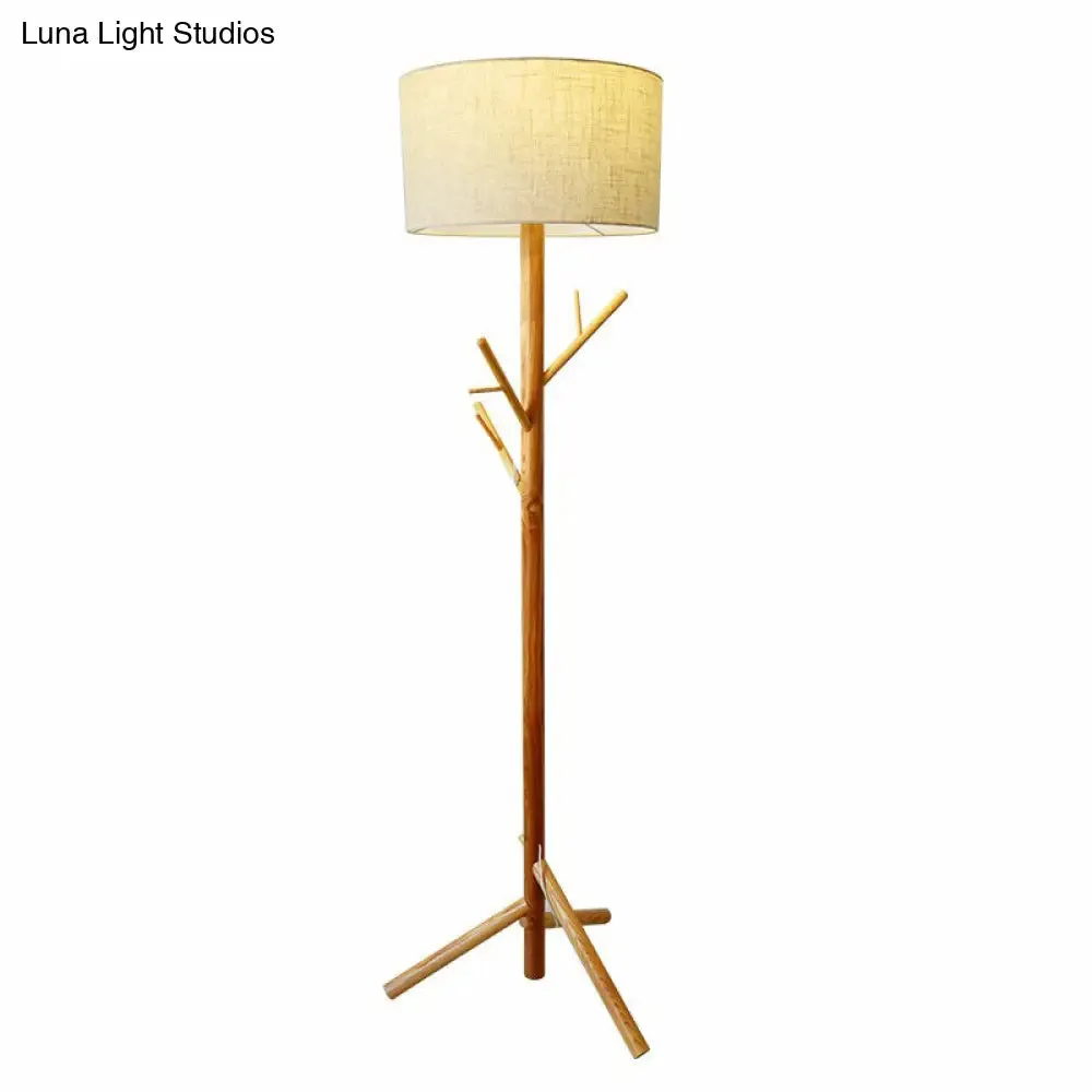 Minimalist Flaxen Drum Stand Up Lamp - Wooden Tripod, 1-Light Fabric Floor Light with Coat Rack