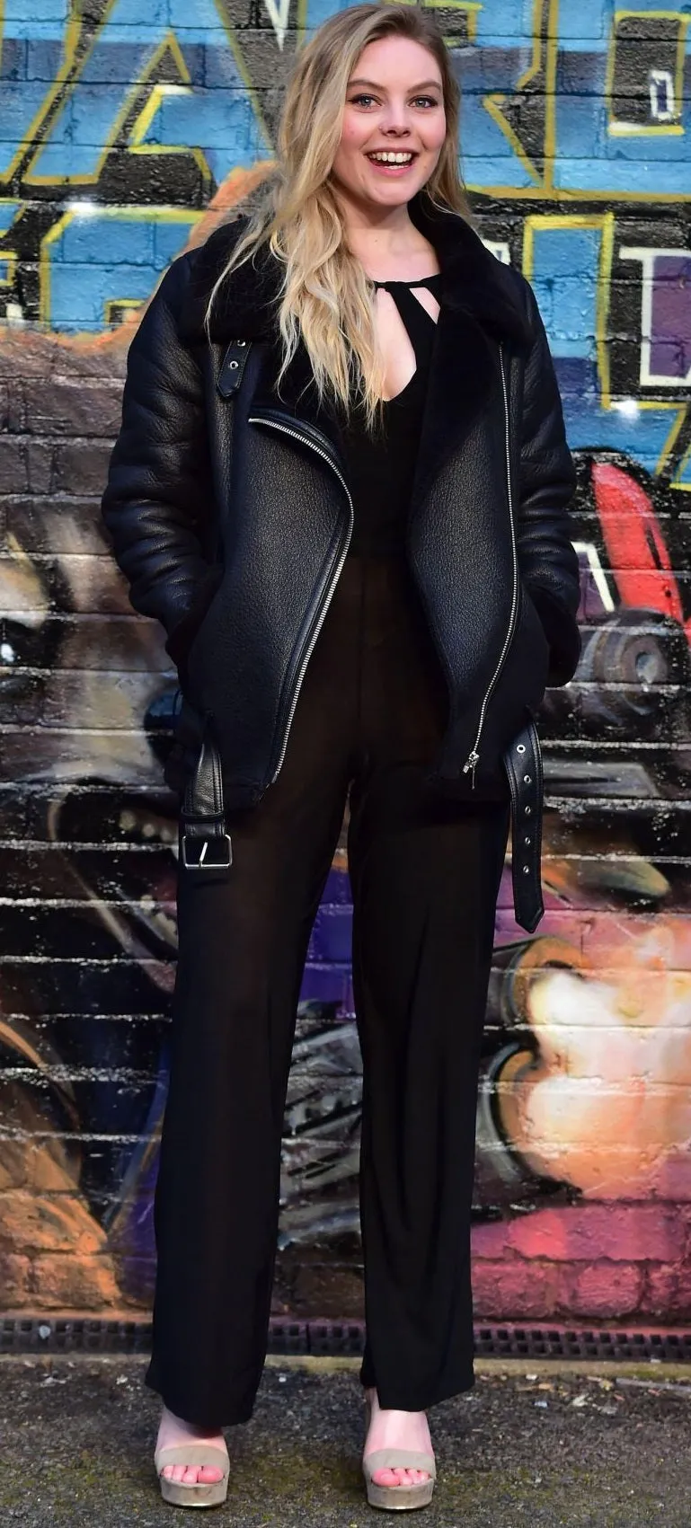 Nell Hudson at the Guardians of the Galaxy Shearling Leather Coat by TJS