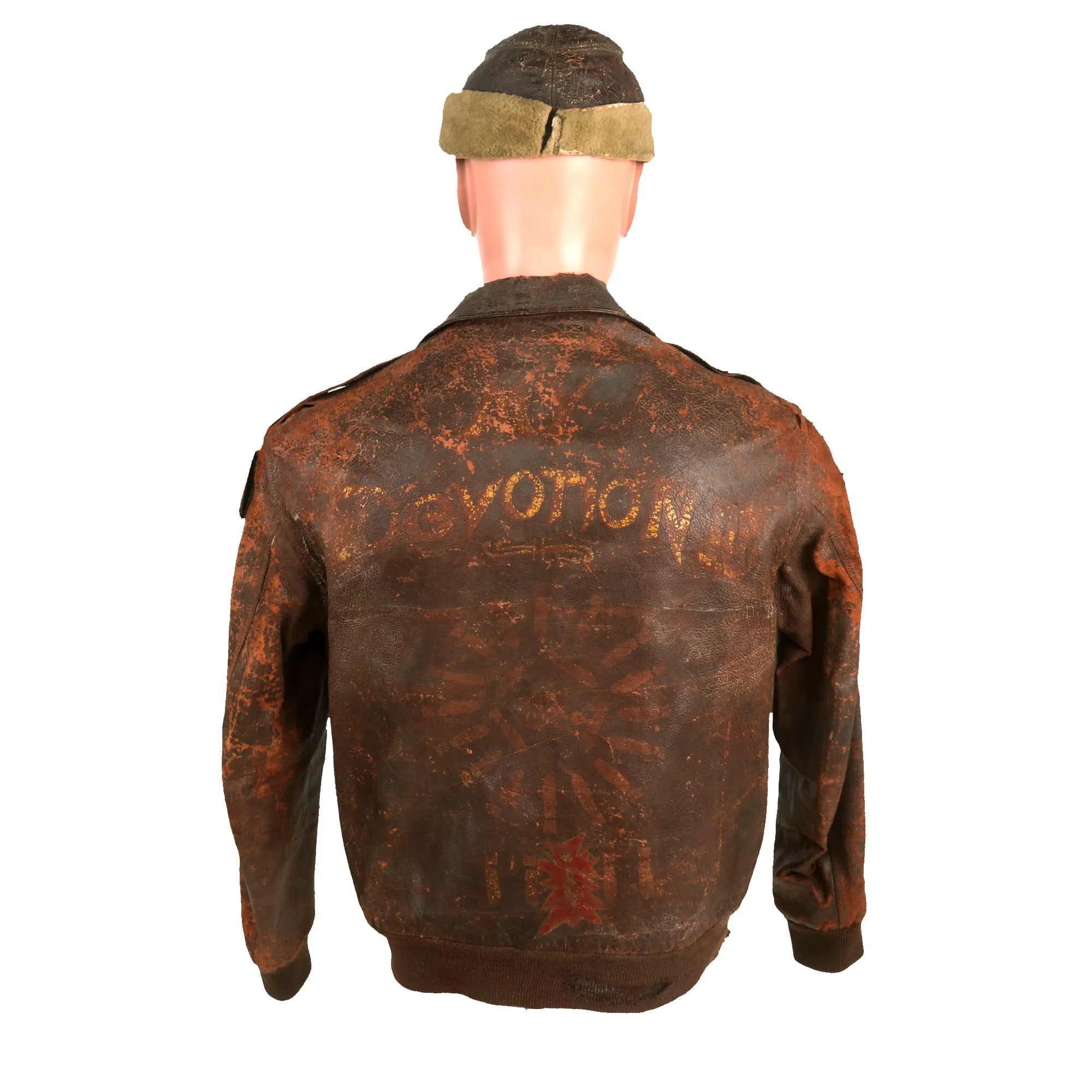 Original U.S. WWII B-17 My Devotion Painted A-2 Jacket and B-2 Hat Named to Waist Gunner Robert L. Allman - 8th Air Force, 388th Bombardment Group, 563rd Bomb Squadron