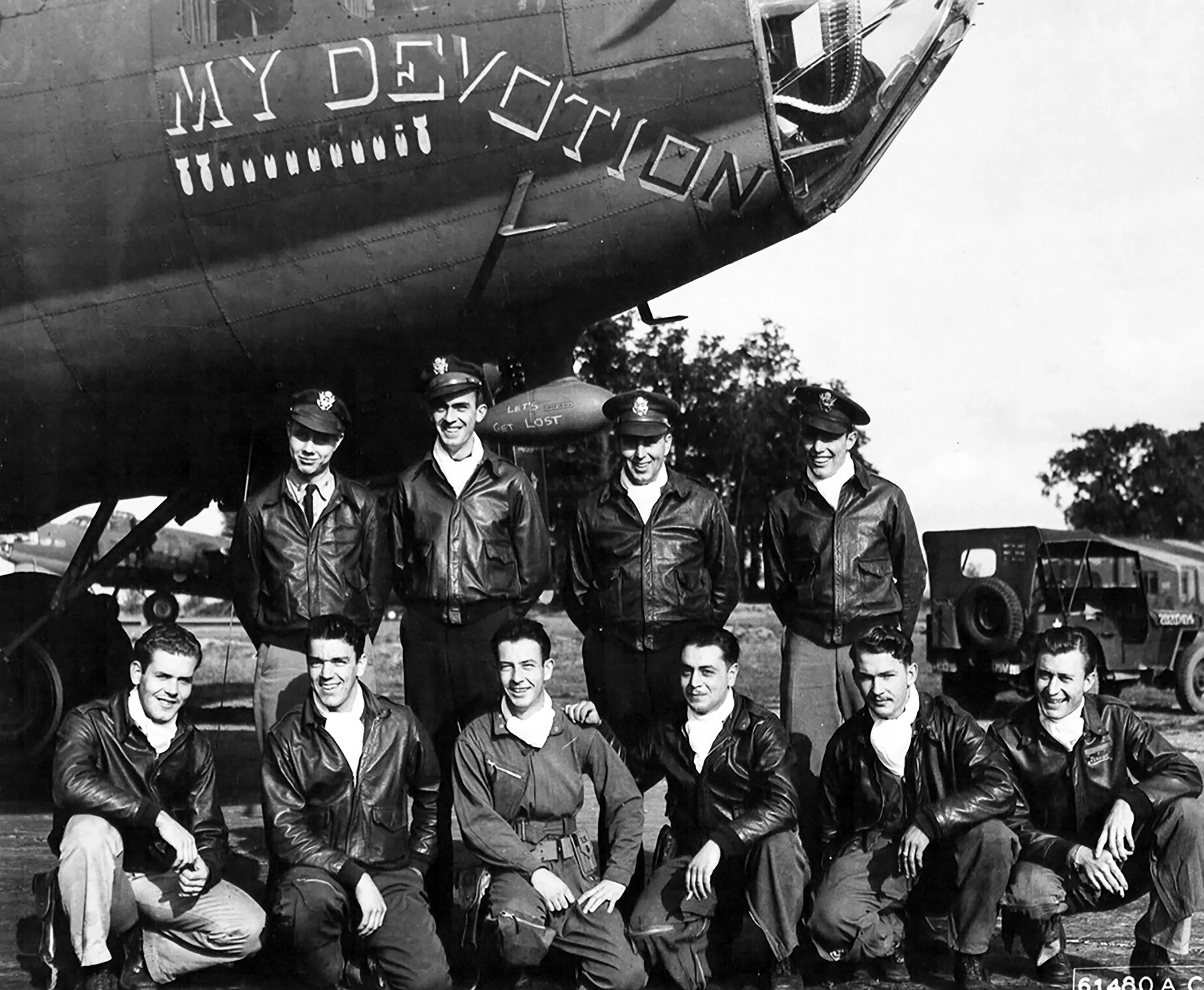 Original U.S. WWII B-17 My Devotion Painted A-2 Jacket and B-2 Hat Named to Waist Gunner Robert L. Allman - 8th Air Force, 388th Bombardment Group, 563rd Bomb Squadron