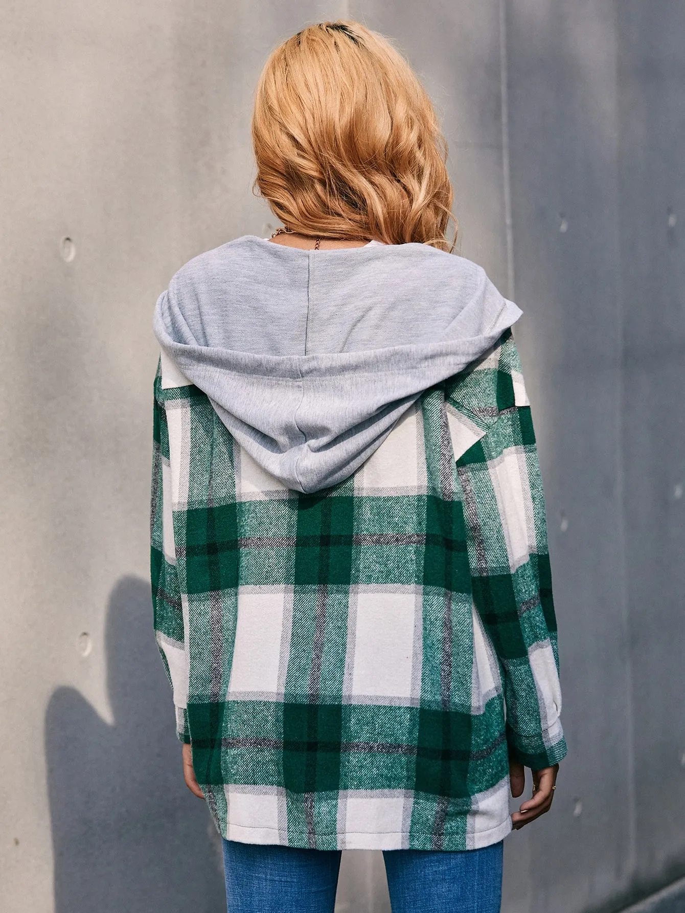 Plaid Drawstring Long Sleeve Hooded Short Women Overcoat