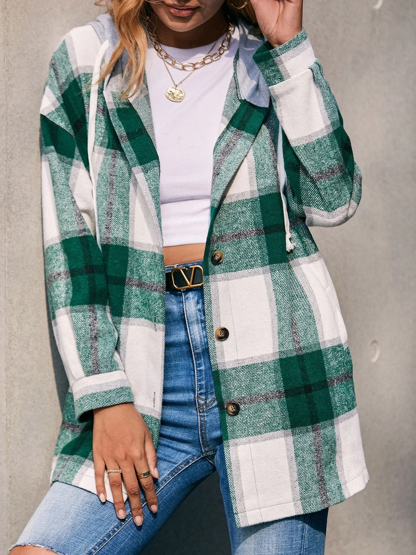 Plaid Drawstring Long Sleeve Hooded Short Women Overcoat