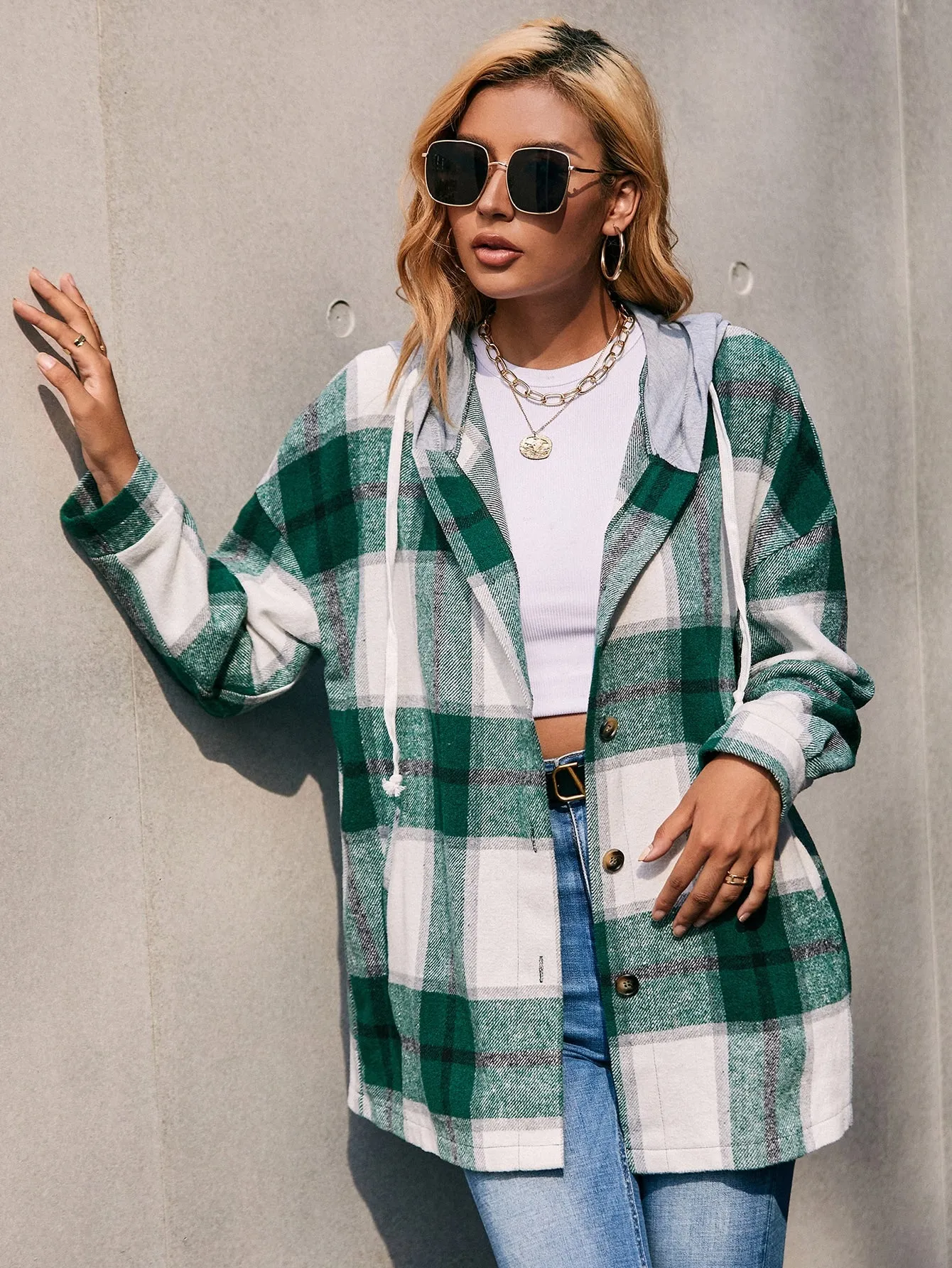 Plaid Drawstring Long Sleeve Hooded Short Women Overcoat