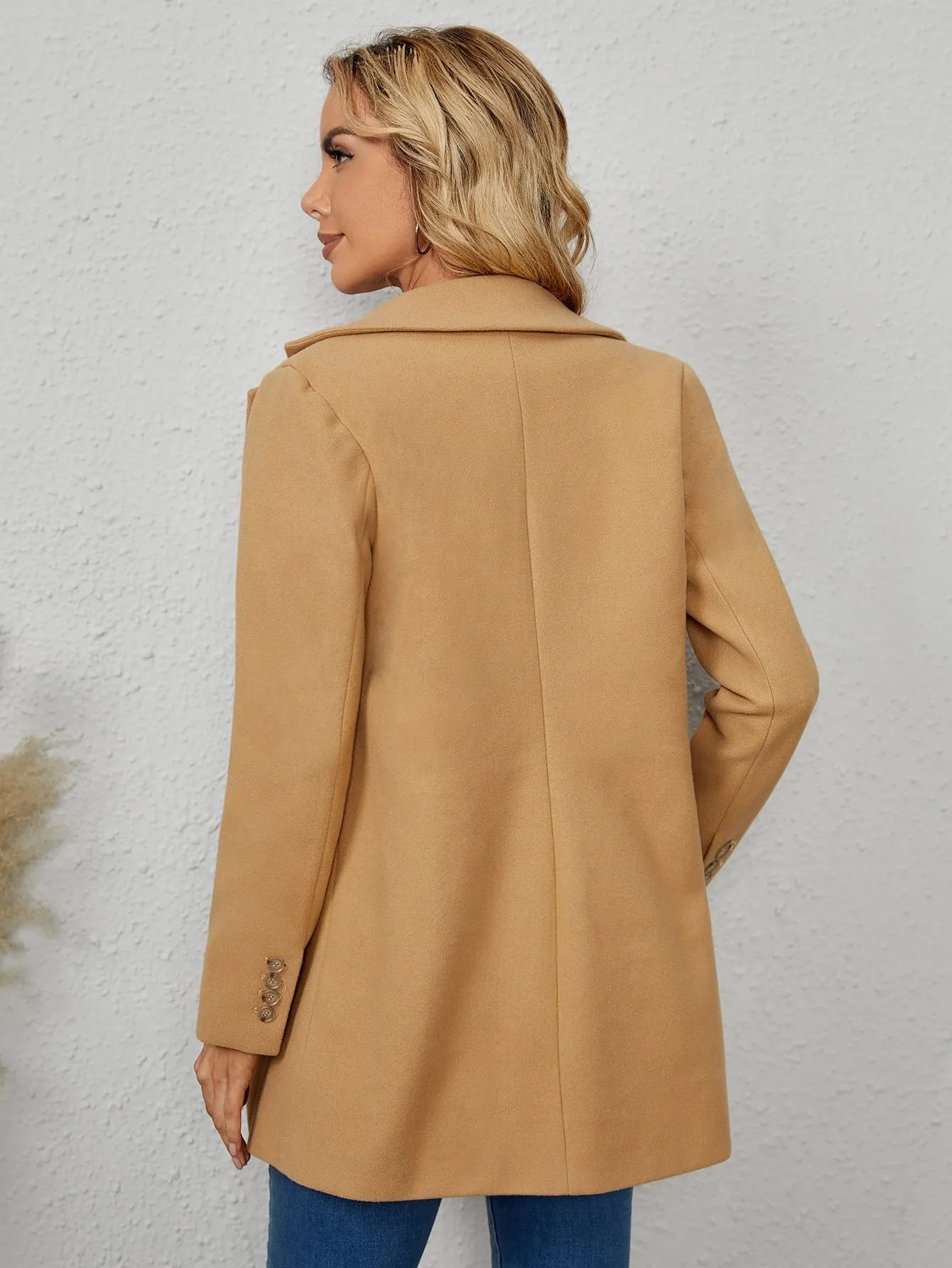 Plain Button Front Long Sleeve Lapel Short Women Overcoat