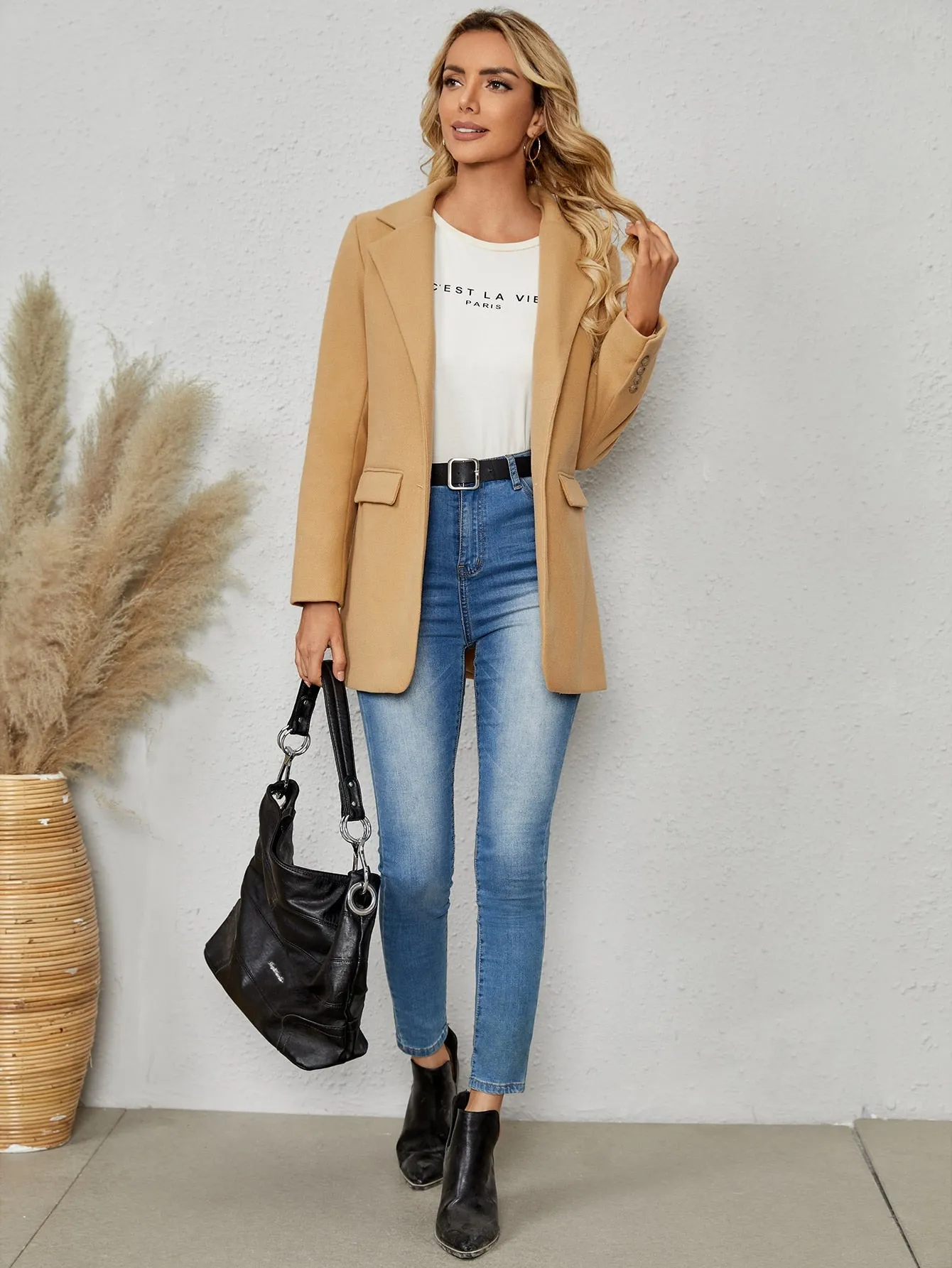 Plain Button Front Long Sleeve Lapel Short Women Overcoat