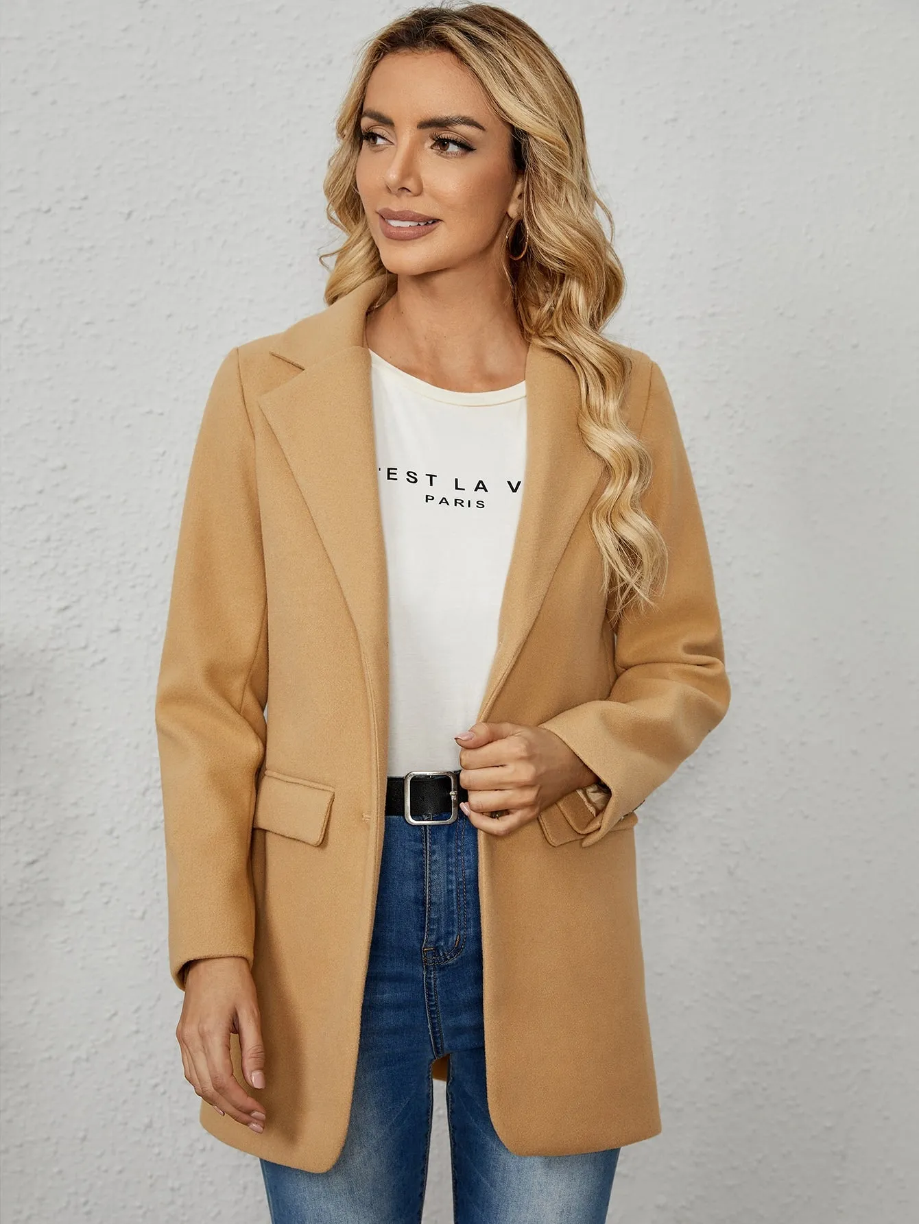 Plain Button Front Long Sleeve Lapel Short Women Overcoat