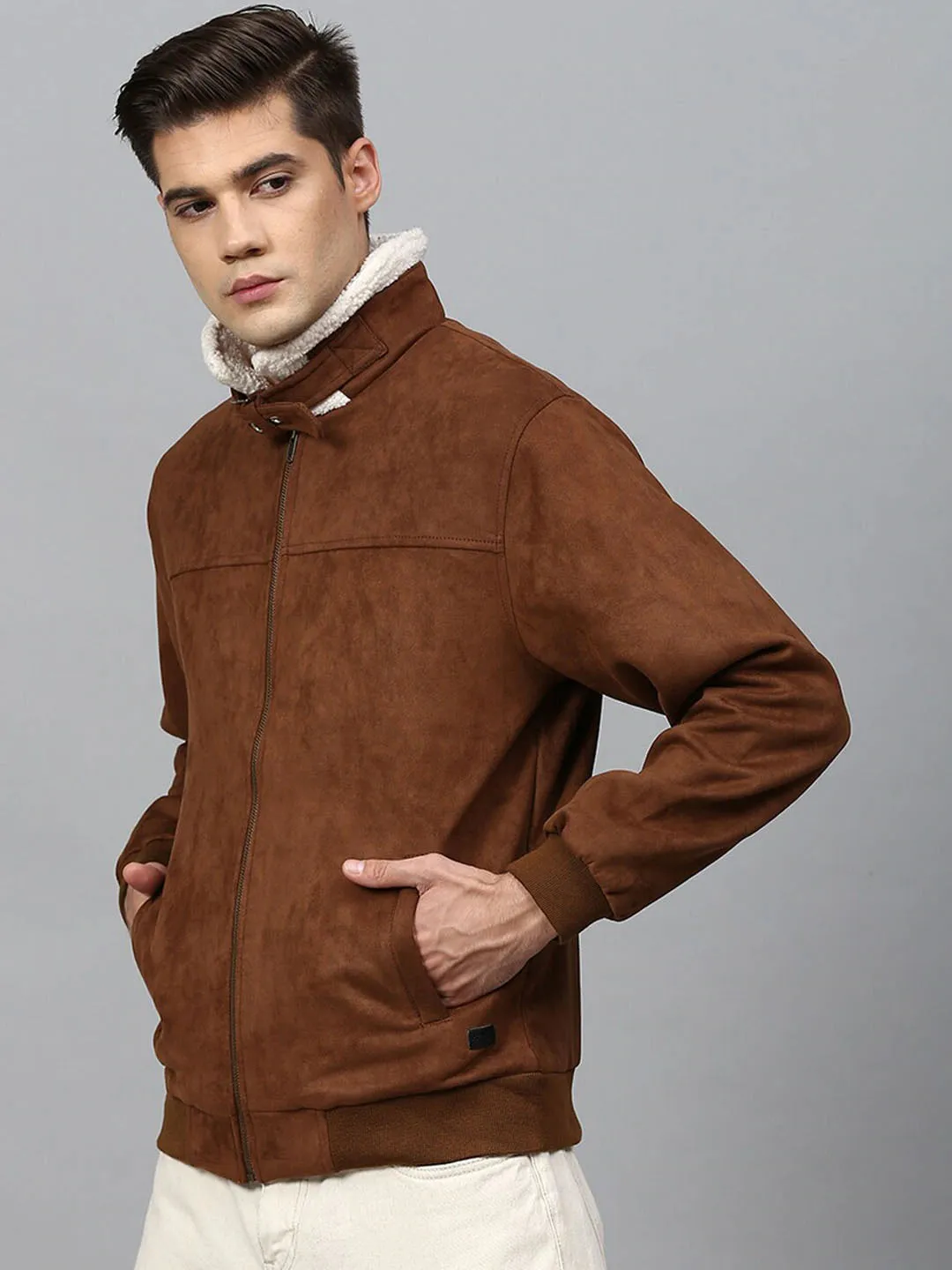 Real Brown Suede Faux Shearling Padded Style Jacket for Men by TJS