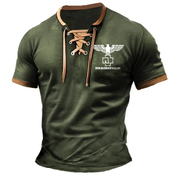 ROCK BAND PRINT RETRO LACE UP SHORT SLEEVE COLORED CASUAL POLO