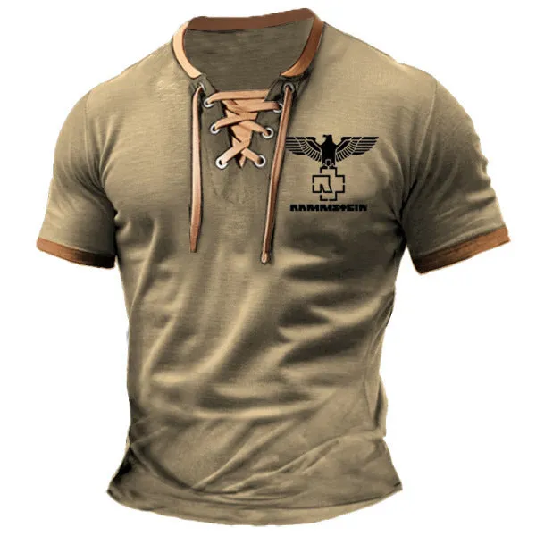 ROCK BAND PRINT RETRO LACE UP SHORT SLEEVE COLORED CASUAL POLO