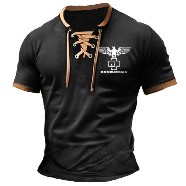 ROCK BAND PRINT RETRO LACE UP SHORT SLEEVE COLORED CASUAL POLO