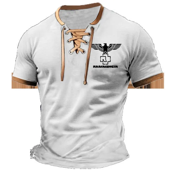 ROCK BAND PRINT RETRO LACE UP SHORT SLEEVE COLORED CASUAL POLO