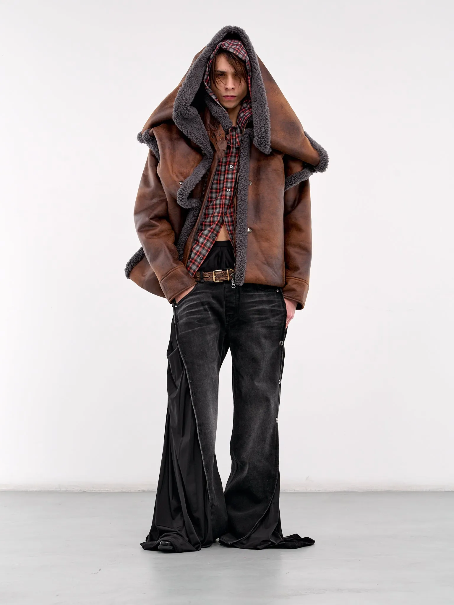 Snap Panel Hood Aviator Jacket (209JA004-F566-BROWN-GREY)