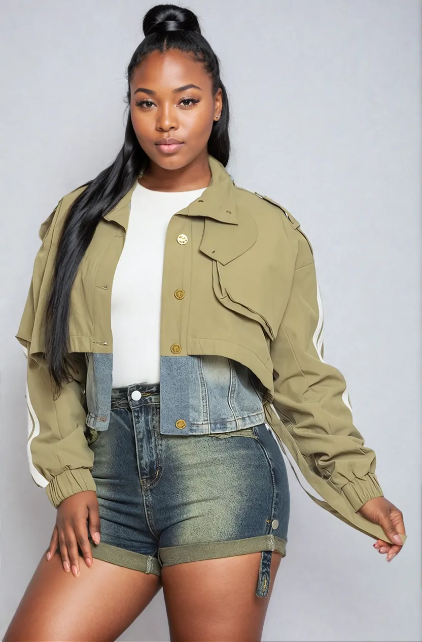 Sporty Striped Windbreaker Denim Cropped Jacket