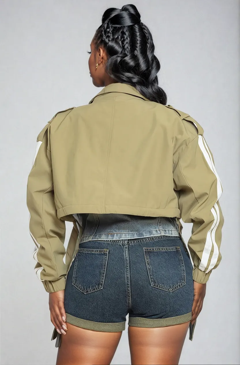 Sporty Striped Windbreaker Denim Cropped Jacket