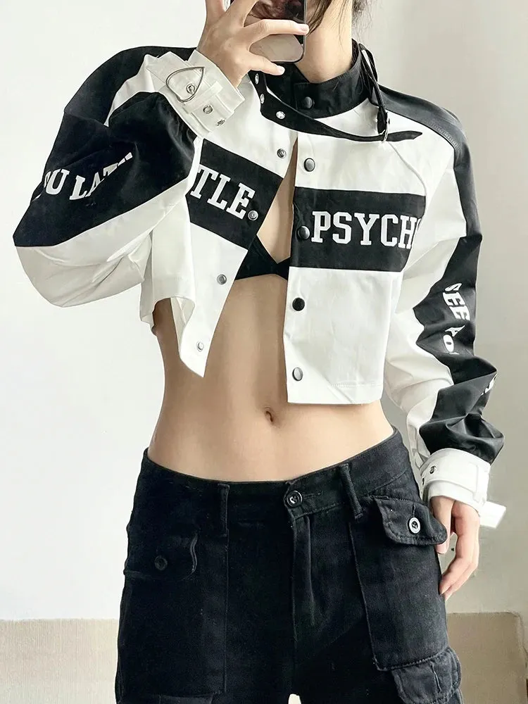 Streetwear Letter Buttons Patchwork Racing Jacket Female Autumn Coat Cropped Contrast Buckle Moto & Biker Jackets