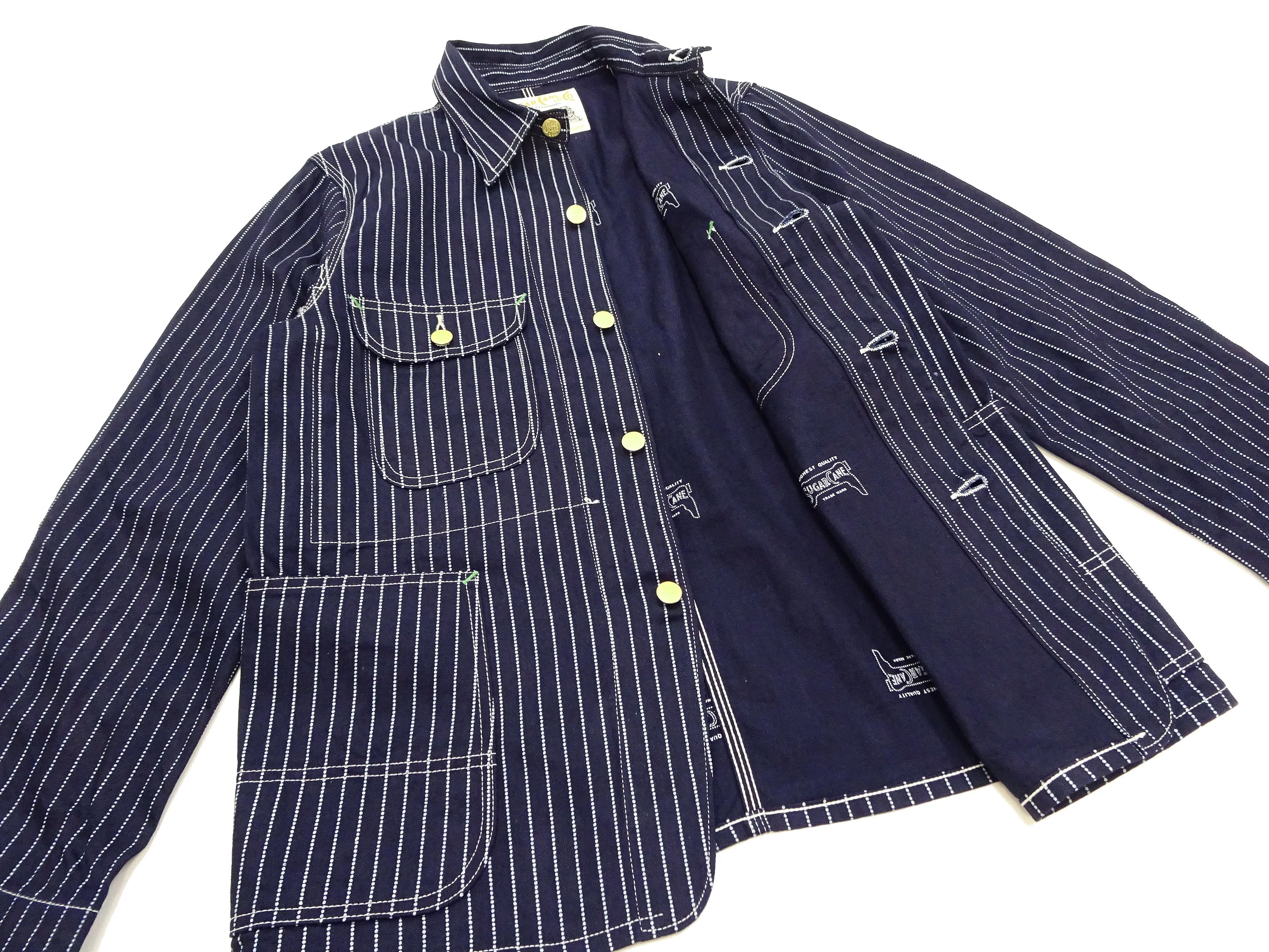 Sugar Cane Jacket SC15658 Men's Casual 9oz. WAbash Stripe Work Coat Chore Coat Indigo One-Wash
