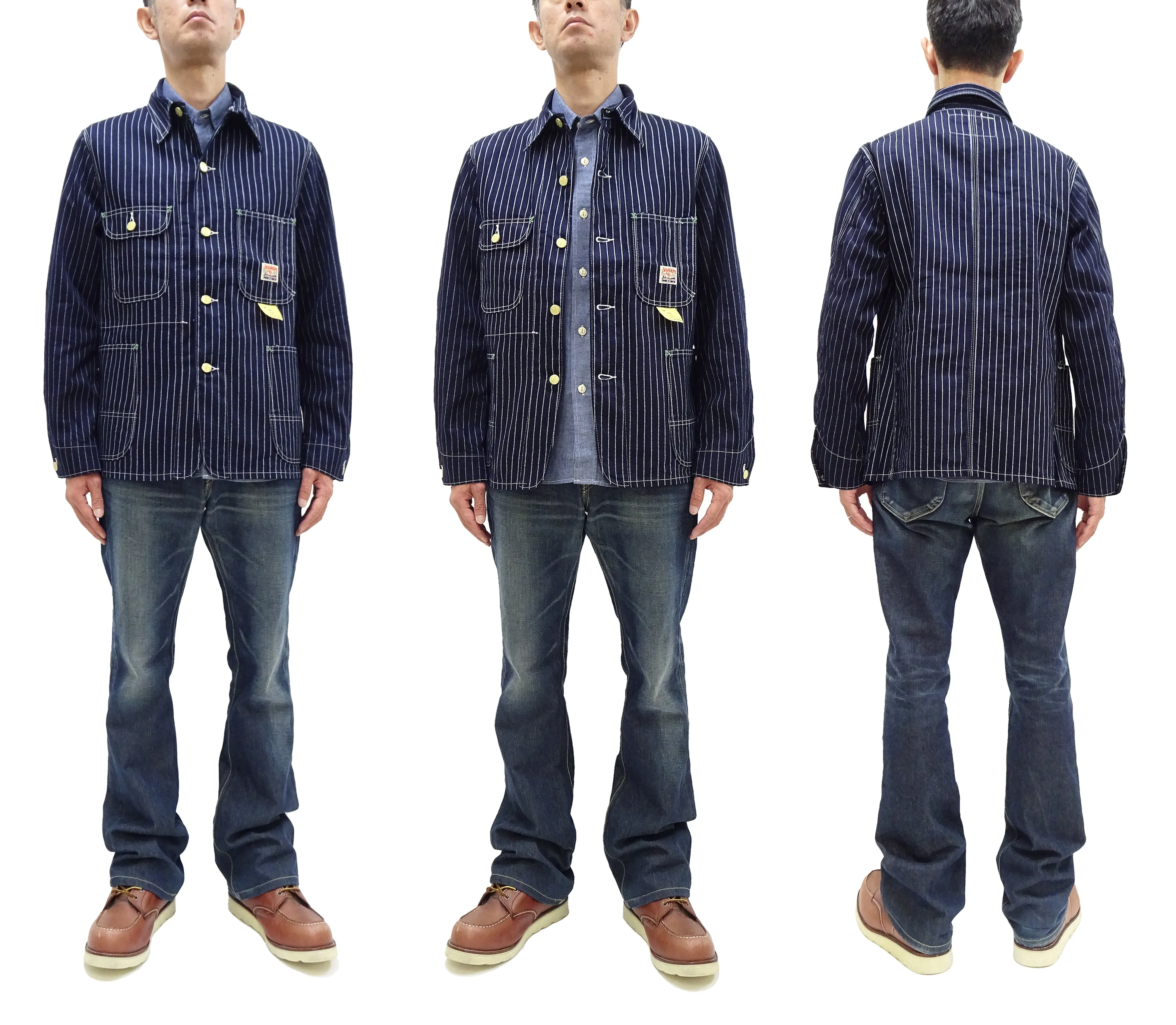 Sugar Cane Jacket SC15658 Men's Casual 9oz. WAbash Stripe Work Coat Chore Coat Indigo One-Wash