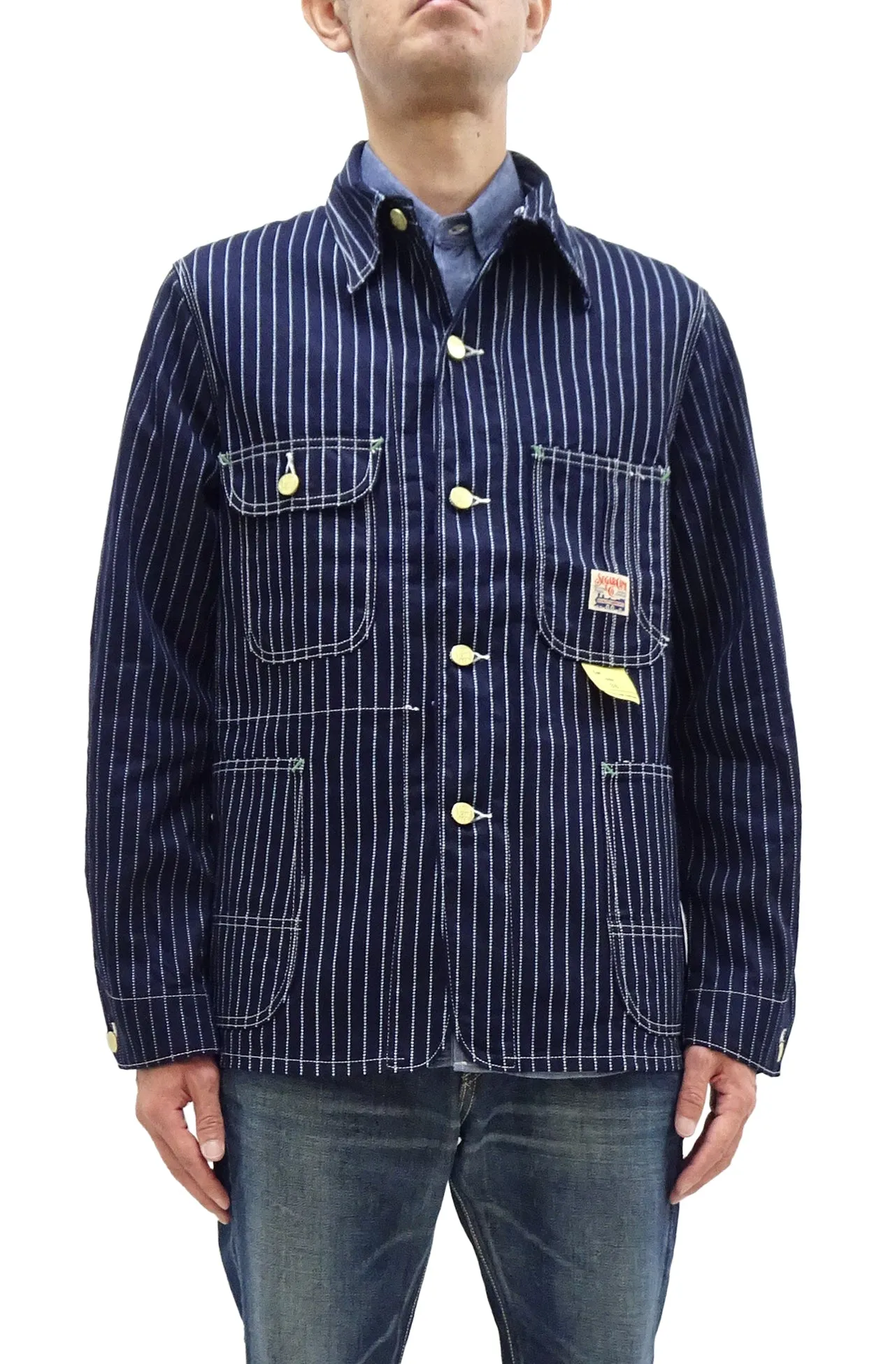Sugar Cane Jacket SC15658 Men's Casual 9oz. WAbash Stripe Work Coat Chore Coat Indigo One-Wash