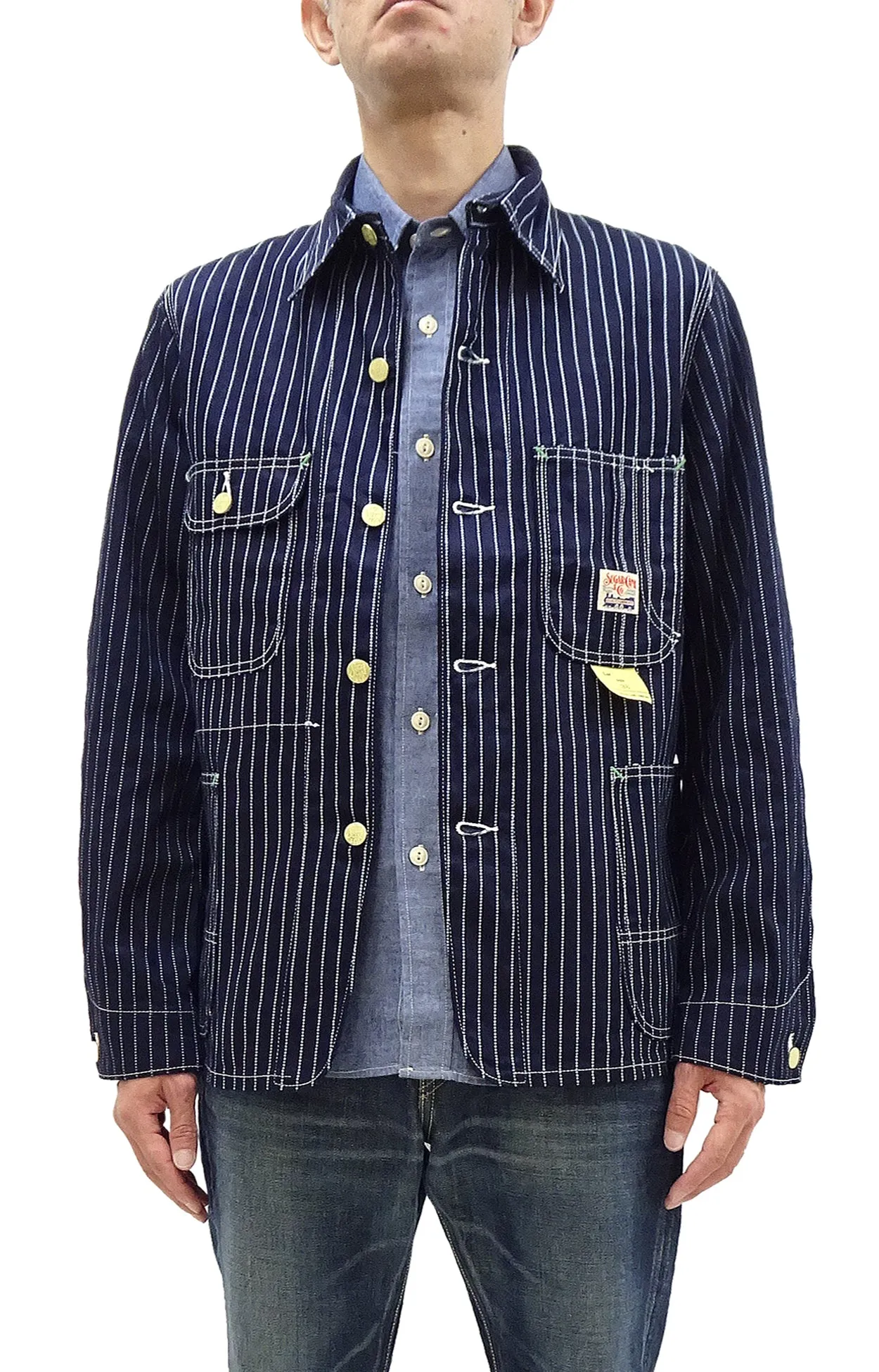 Sugar Cane Jacket SC15658 Men's Casual 9oz. WAbash Stripe Work Coat Chore Coat Indigo One-Wash
