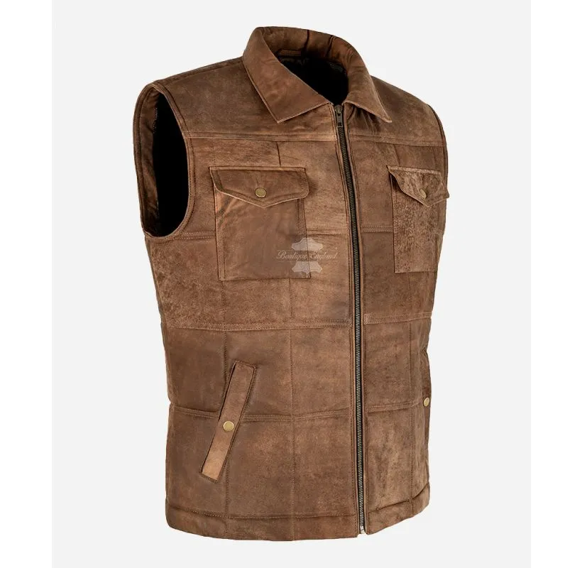 Vintage Explorer Leather Vest Men's Brown Buff Paaded Bodywarmer Waistcoat